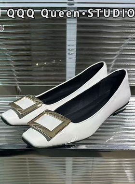 rv白色方扣矮跟粗跟2厘米单鞋真皮秋季一脚蹬气质配裙子工作女鞋