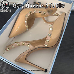 女 女包头凉鞋 裸色尖头细跟高跟鞋 女铆钉2026春夏一字带扣性感单鞋