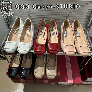 rv圆头裸色玛丽珍鞋女真皮2025秋季一脚蹬方扣粗跟通勤工作鞋单鞋