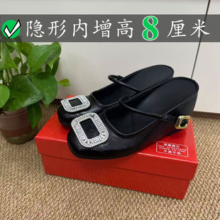 羊皮版~水钻方扣内增高8cm包头拖鞋女夏季外穿浅口半拖穆勒rv凉鞋