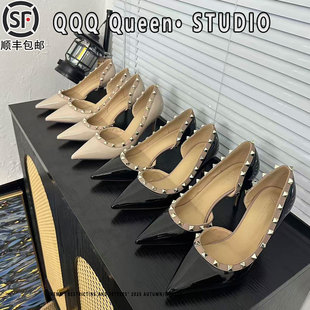 名媛风细跟10CM不累脚裸色单鞋 新款 女真皮2026春季 铆钉尖头高跟鞋