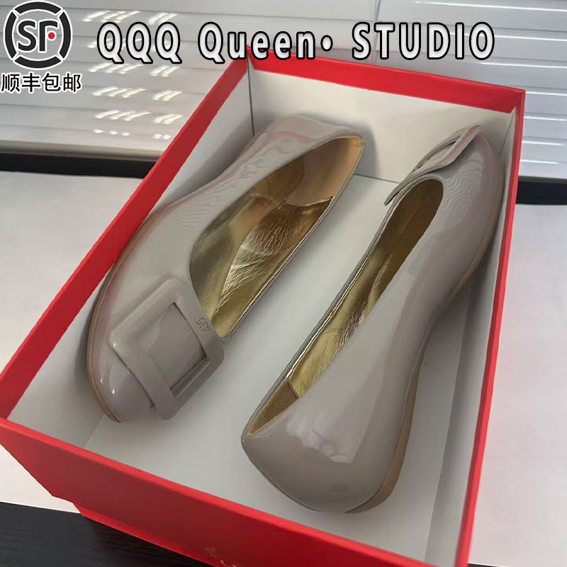 rv圆头方扣平底鞋真皮2025秋冬配裙子晚晚风浅口玛丽珍大象灰单鞋