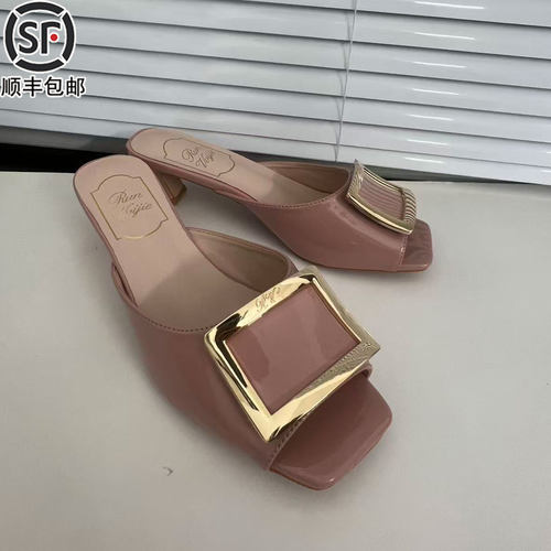 Right Video凉鞋夏季百搭露趾方扣粗跟方头马蹄跟外穿鱼嘴拖鞋女