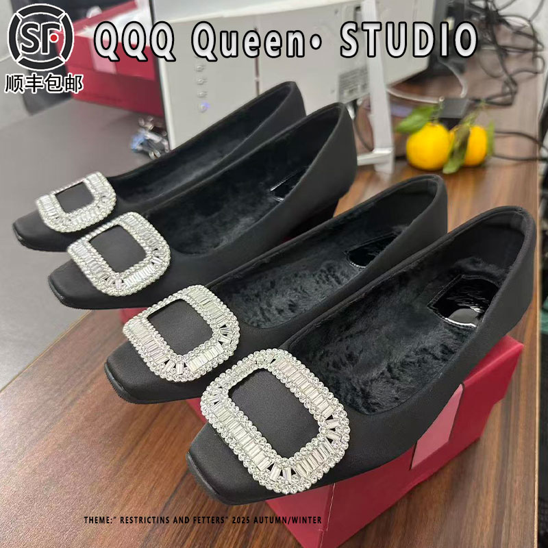 Right Video加绒高跟鞋女2025秋季方头水钻方扣保暖兔毛绸缎鞋女