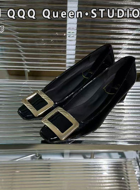 Right Video黑色漆皮粗跟5厘米单鞋女真皮浅口中跟通勤风高跟鞋女