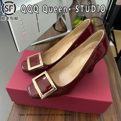 rv方扣高跟鞋女真皮2025秋季细跟浅口方头通勤风马蹄跟加绒单鞋女