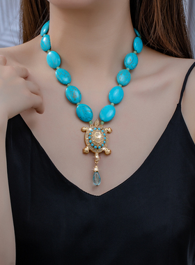 中古民族蓝松石琉璃镶嵌天然石乌龟优雅端庄项链