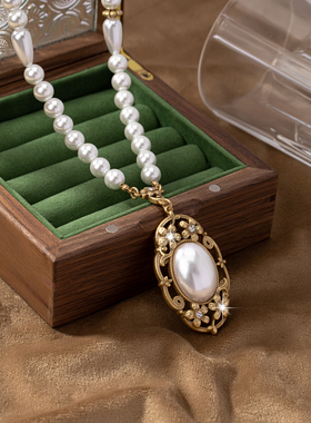 vintage法式宫廷风珍珠琉璃复古赫本风镶嵌打标毛衣链