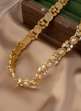 复古珍珠高级气质温柔vintage铜镀真金颈链项链