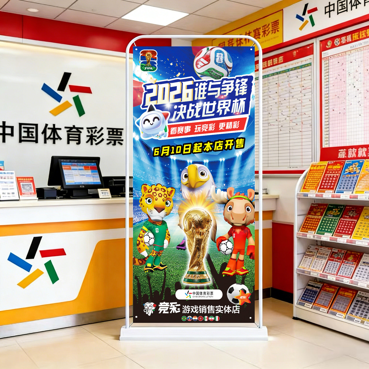 2026美加墨世界彩票店宣传海报杯T字门型展架体彩酒吧彩票店物料