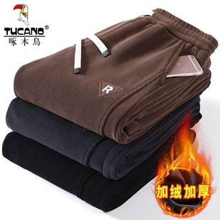 休闲百搭加绒防寒运动裤 灯芯绒加厚保暖束脚长裤 男士 啄木鸟秋冬季