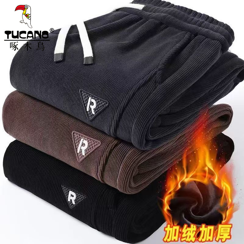 啄木鸟秋冬季保暖男士新款加绒加厚运动裤灯芯绒休闲百搭束脚长裤