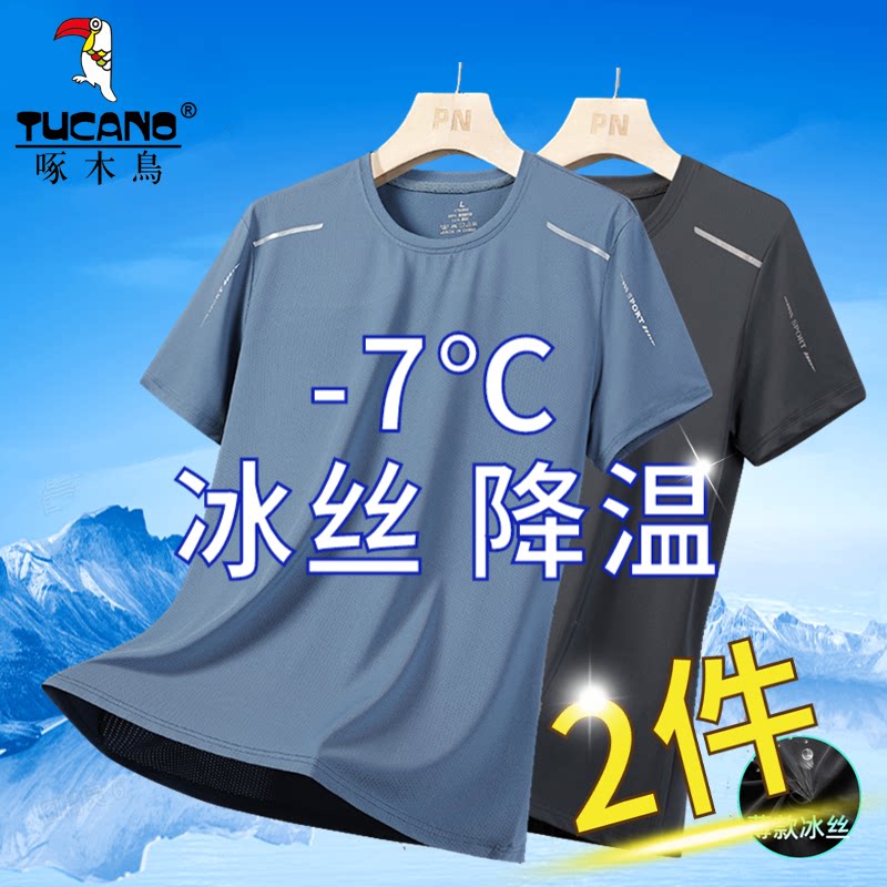 啄木鸟夏季潮流冰丝短袖t恤男士宽松百搭跑步健身薄款运动排汗衫