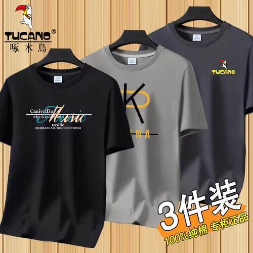 啄木鸟男士圆领短袖T恤夏季新款宽松大码休闲印花半袖打底衫潮流