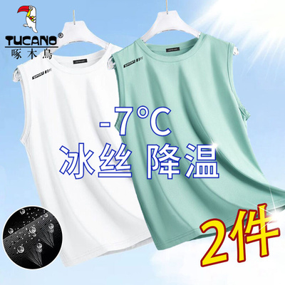 啄木鸟冰丝透气凉感背心T恤男士夏季大码网眼健身速干无袖速干衣