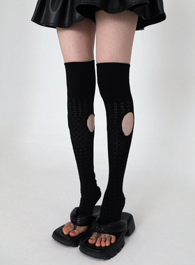甜酷少女黑白暗纹网眼圆形镂空露趾显瘦纯棉过膝袜套小腿袜子女潮