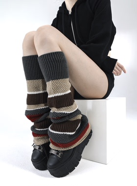 SS2L23秋冬新款粗线针织条纹撞色喇叭口y2k千禧辣妹袜套堆堆袜女