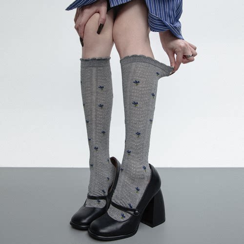 春夏碎花鱼骨纹提花透气小腿袜女