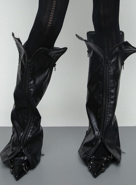 SS2L新款黑色皮质双开拉链造型设计机能辣妹风腿套袜套女ins潮