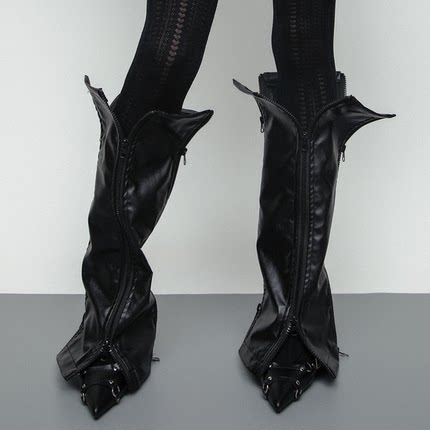 SS2L新款黑色皮质双开拉链造型设计机能辣妹风腿套袜套女ins潮