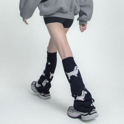 SS2L秋冬新款可爱小狗腊肠提花针织阔腿加厚保暖腿套袜套堆堆袜女