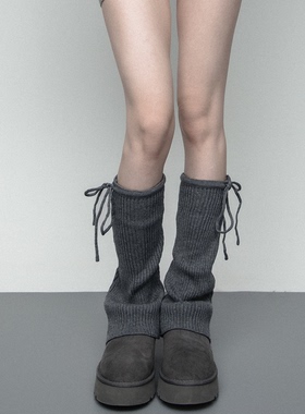 SS2L秋冬纯色绑带蝴蝶结微喇叭针织堆堆袜套雪地靴腿套叠穿小腿袜