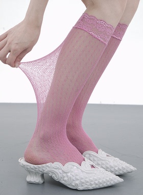 SS2L春夏欧若少女风糖果蕾丝袜口波点渔网镂空小腿袜中筒袜子女