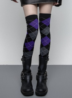 SS2L春款秀场高弹过膝菱形格纹朋克风显瘦大腿袜长筒袜子堆堆袜女