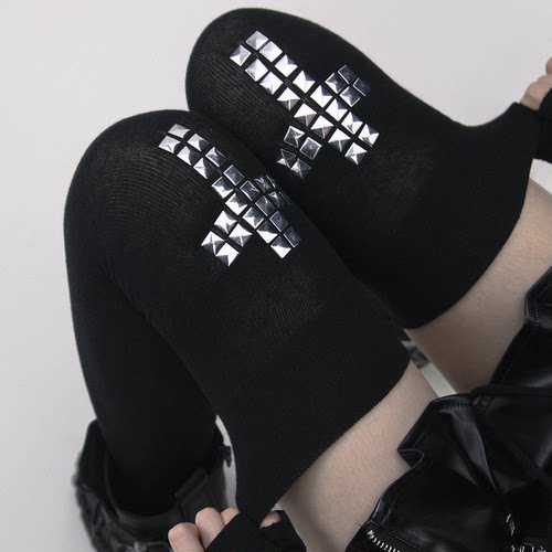 春夏y2k烫钻十字架铆钉大腿袜女