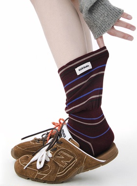 SS2L秋冬韩系复古撞色条纹白色标签宽松舒适百搭中筒袜子堆堆袜女