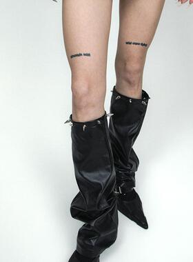 SS2L原创秋冬新款暗黑哥特朋克银色铆钉皮质辣妹腿套袜套女ins潮