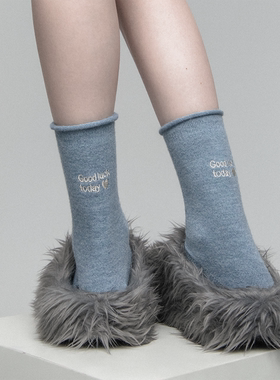 SS2L春秋纯色羊毛卷边软糯韩系字母爱心刺绣中筒袜子短袜月子袜女