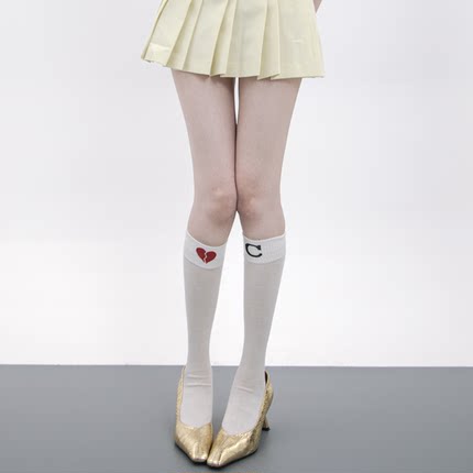 SS2L春夏高密针织爱心心碎C字母少女风微透薄款长筒袜小腿袜女ins