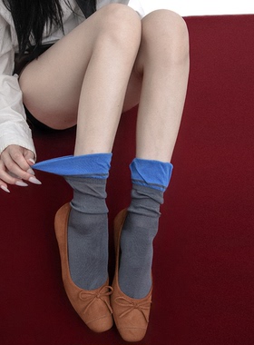 SS2L春夏miu系撞色花边袜口灰蓝色可爱少女风堆堆袜中筒袜韩系ins