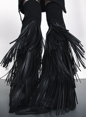 SS2L原创流苏飘带暗黑ro风朋克风辣妹阔腿显瘦喇叭口皮腿套袜套