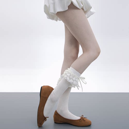 春夏玫瑰花边蝴蝶结少女风中筒袜