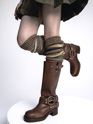 SS2L秋冬复古美拉德风粗线彩色条纹针织护膝保暖靴袜套女堆堆袜