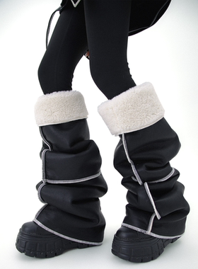 WENCIHAM加厚羊羔绒黑色皮质拷边设计寒冬防风保暖辣妹腿套袜套女