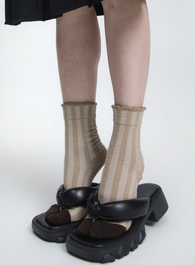 SS2L春秋花边灰卡其竖条纹撞色分趾棉中筒袜子短袜堆堆袜女ins潮