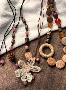 新中式木质手工编织菩提花朵项链