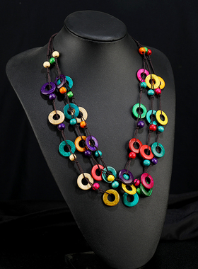 手工编织天然椰壳木质项链女