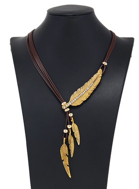 气质复古羽毛叶子镶钻毛衣链女