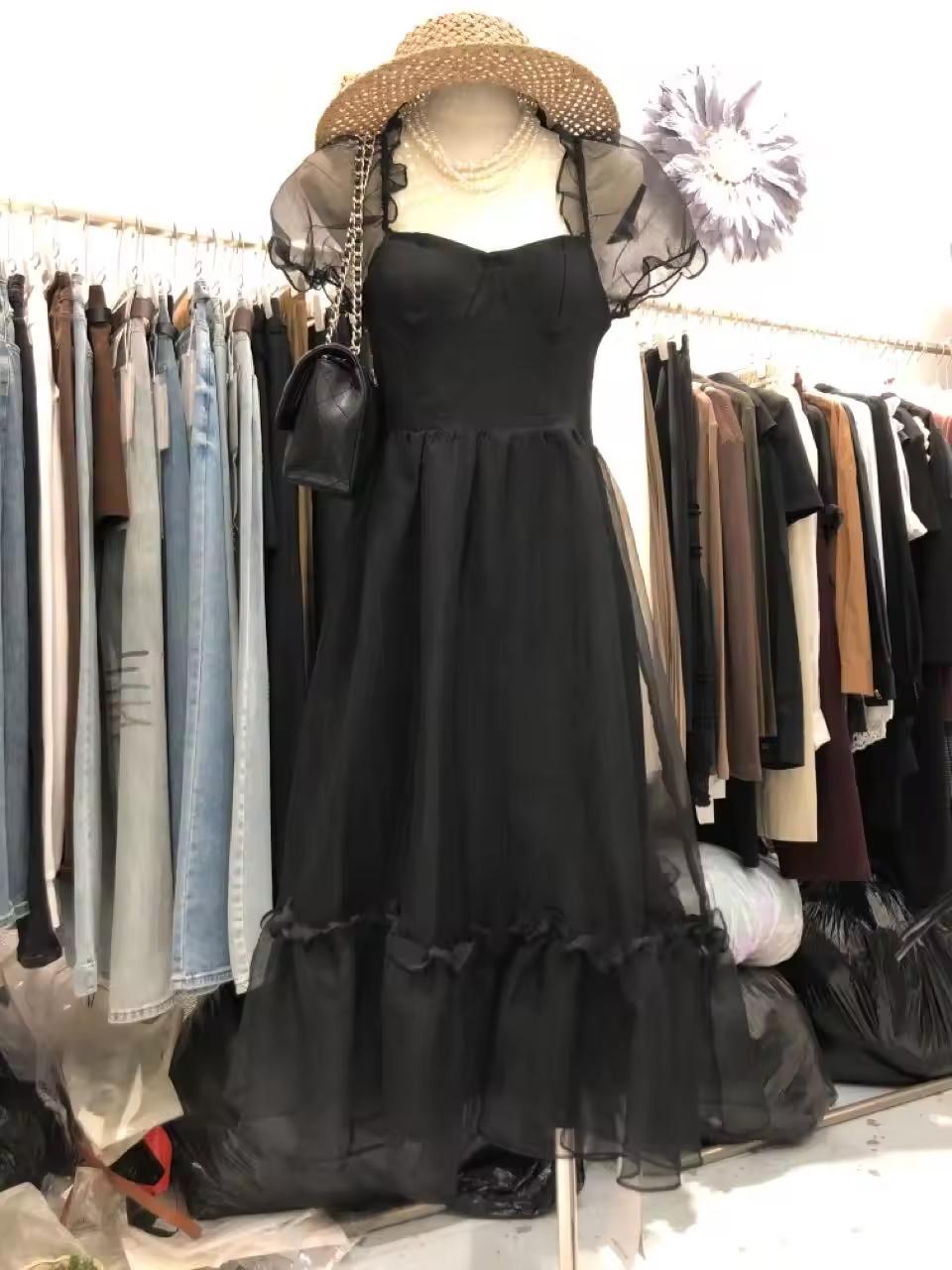 欧洲站黑色长裙夏季女欧根纱高级连衣裙