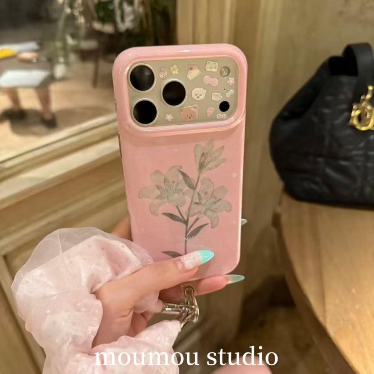 ins风韩系温柔唯美粉底镭射鎏金百合花适用18ProMax手机壳苹果iphone手机壳17pro少女心手机壳16pro双层imd