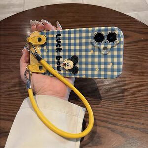 新款可爱田园风蓝格子可爱卡通米奇适用于苹果iPhone16promax手机壳苹果15腕带14挂绳13公仔12保护套11