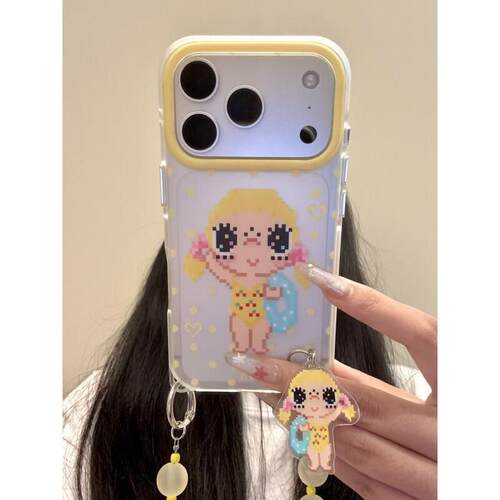 卡通黄波点泳装女孩适用iphone17手机壳苹果17ProMax新款16pro可爱15创意16pro软硅胶保护套链条
