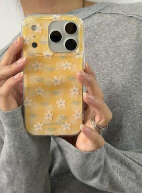 ins风夏天温柔黄色格纹小花适用苹果17promax手机壳iphone14全包17pro新款15女16promax防摔13保护套17