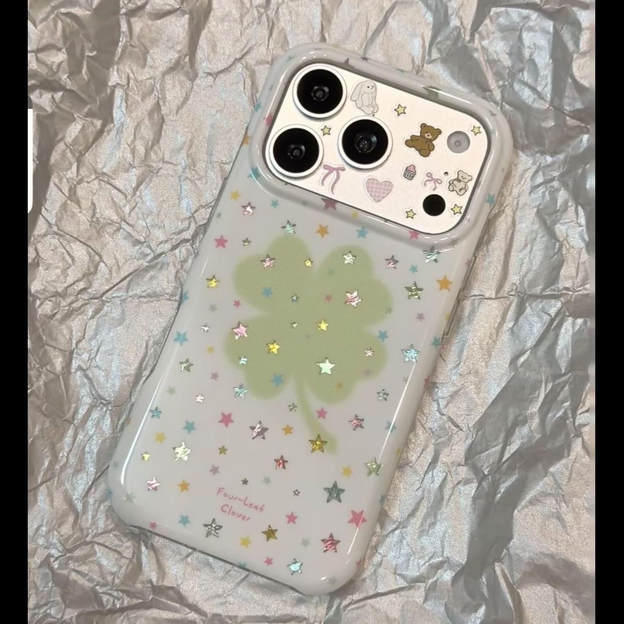 白底满屏星星绿四叶草透色萌系少适用于iphone17promax苹果16手机壳15可爱卡通童趣创意新款防摔15Promax少女