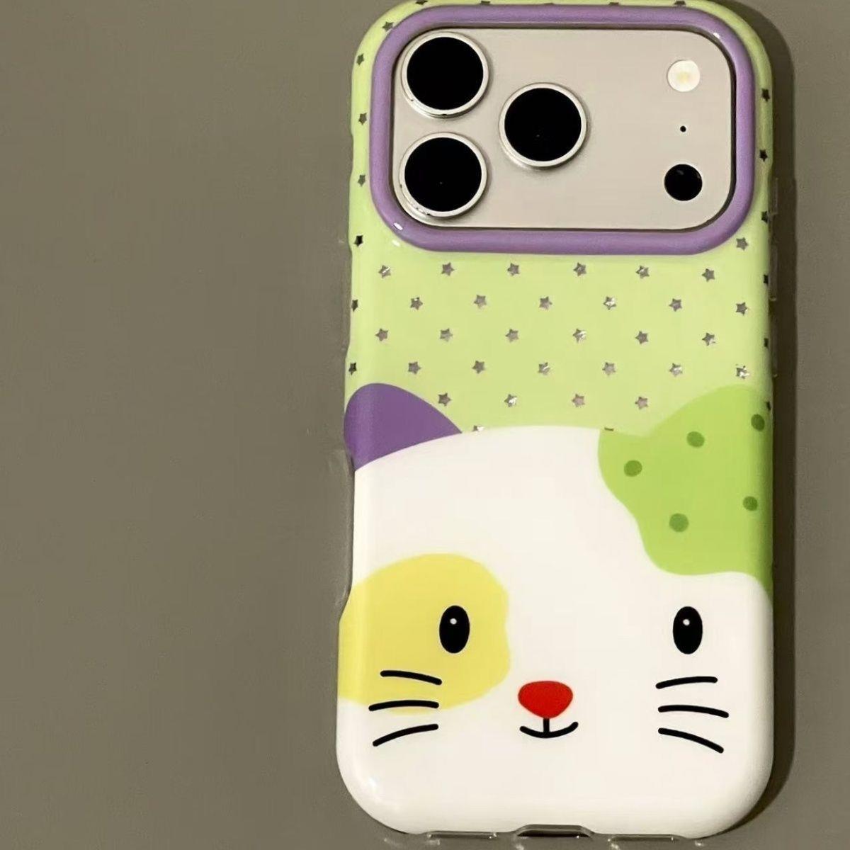 日韩简约紫镜绿小怪猫咪头像适用14promax苹果16手机壳全包边女款iPhone17防摔保护套16promax个性iPhone15潮