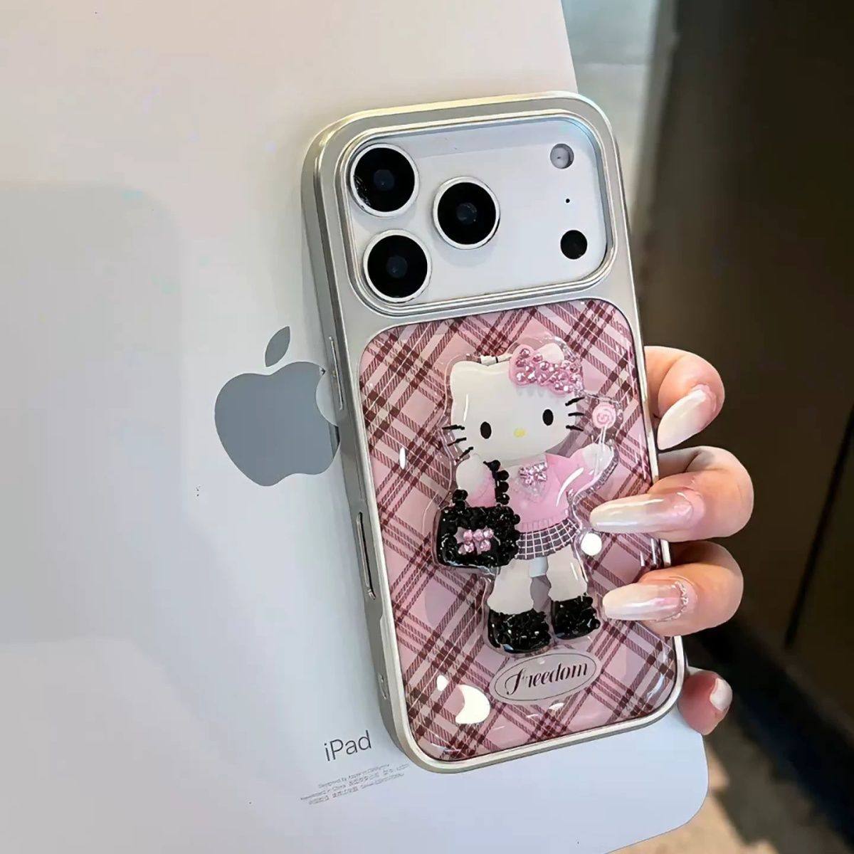 时髦ins粉格纹水钻kitty猫适用于苹果17pro手机壳iphone16保护套14带支架13防摔新款15promax巨好看max手机套